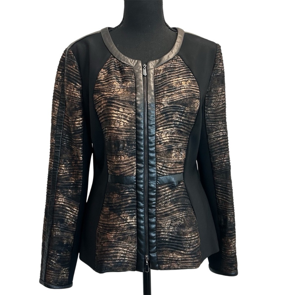 Joseph Ribkoff black bronze brown faux leather trim full zip jacket blazer 10